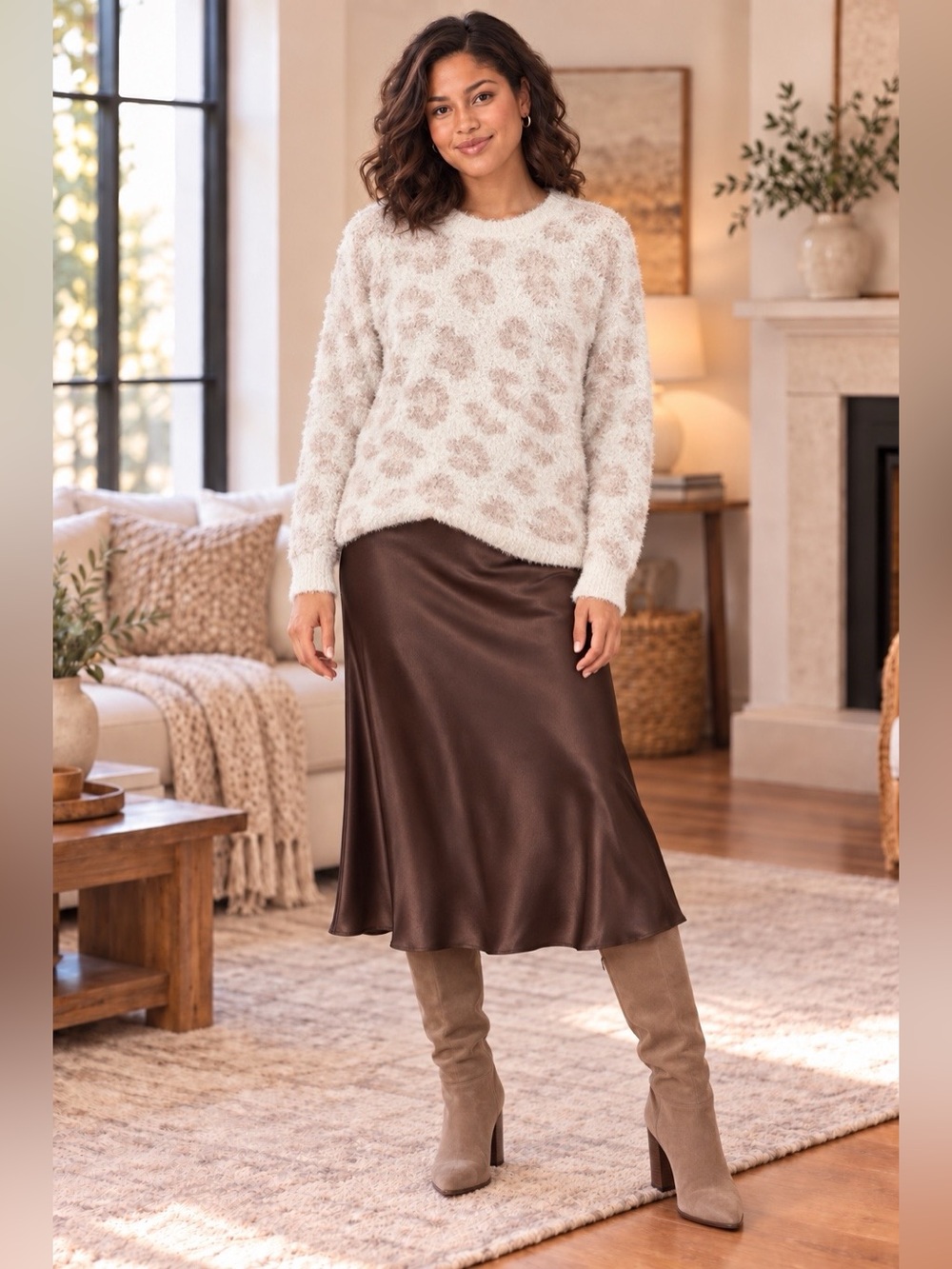 POL Cozy Plush Leopard-Pattern Crewneck Sweater - Light Pink & Cream